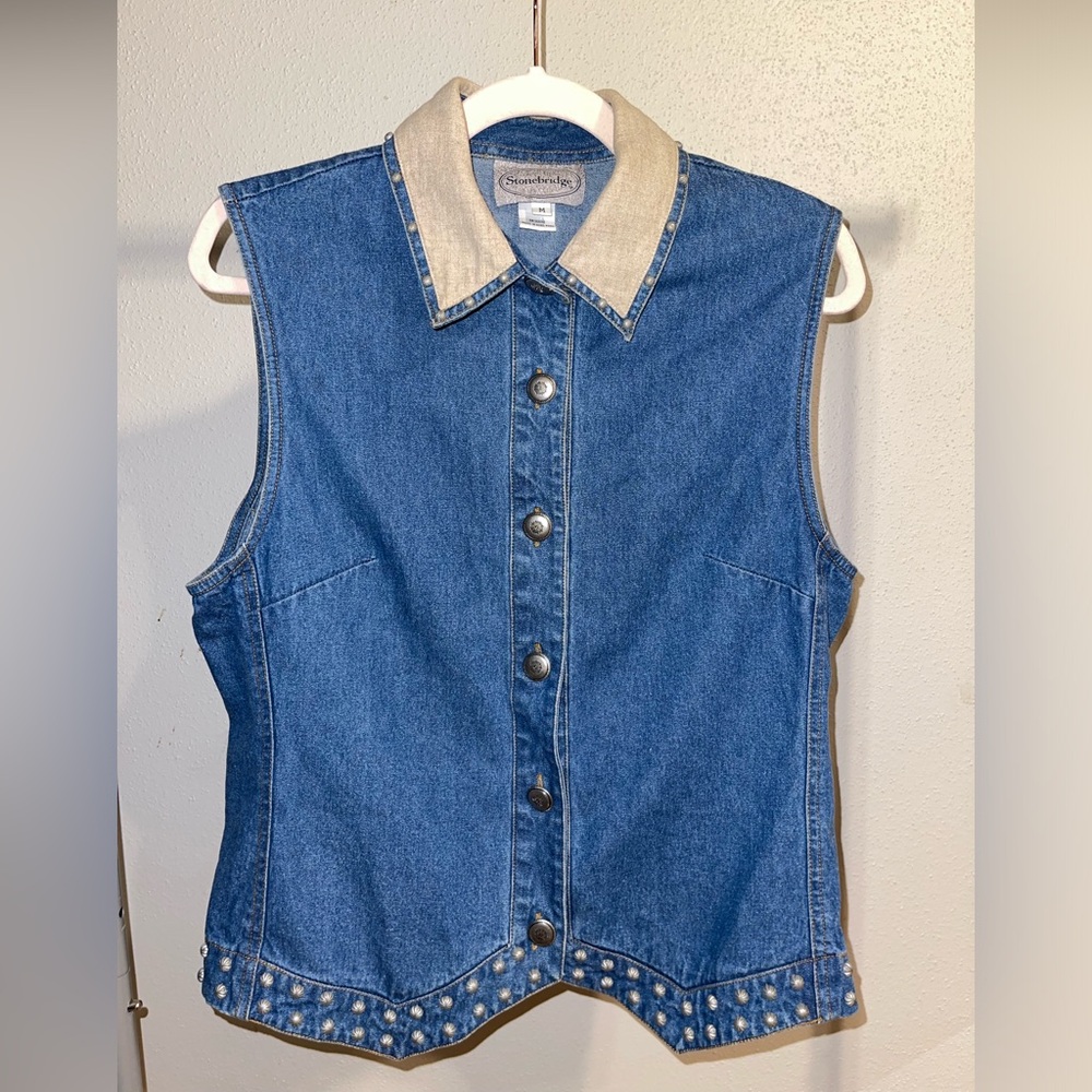 Blue and Tan Denim Vest with Light Collar